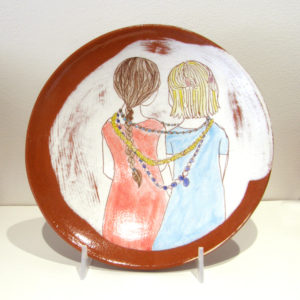 Elizabeth Burritt. Share With Your Sister. 2015. Earthenware, underglaze; Hand-built, hand-painted. NFS.