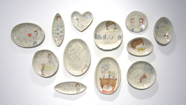 Carole Epp. 2015. Clay, glazes; △ six, handbuilt, underglazes and clear glaze, fired in electric kiln.