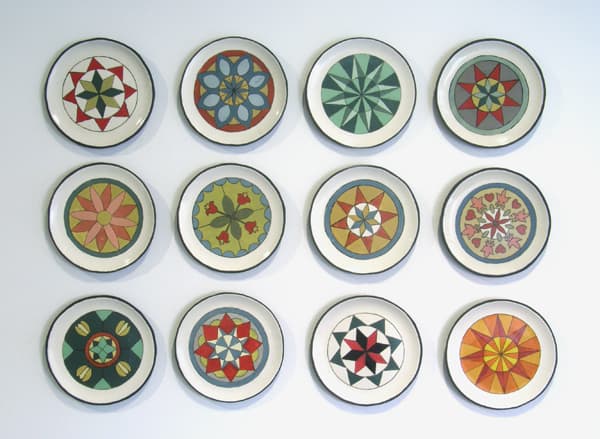 Cathy Terepocki. Kitchen Quilt, 2015, Black clay, porcelain slip, coloured underglaze and coloured slip; screen-printed using slip-transfer method (plaster, hand-painted), Not For Sale.