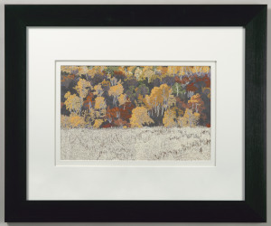A thread painting by Donna Cutler entitled "Blackstrap Revisited." This piece is in our 2015 Dimensions exhibition.